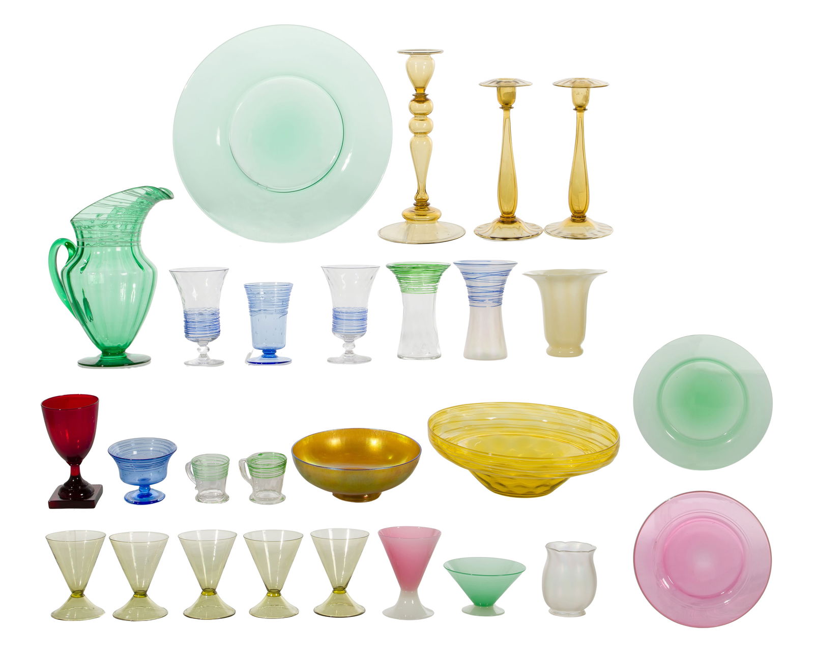 Steuben Glass Assortment: Steuben Glass Assortment (27) items including pitchers, glasses, cups, vases and bowls, some marked, one marked 'Aurene' Property from: a Private Collector, Chicago (Lincoln Park), Illinois Height: 13