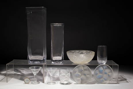 Lalique Crystal and Art Glass Assortment: Lalique Crystal and Art Glass Assortment (9) items including a Lalique Pinson bowl and Chene Oak double old fashioned, both etch marked, (3) Simon Pearce vases, a clock, (2) Sabino clam shell opalesce