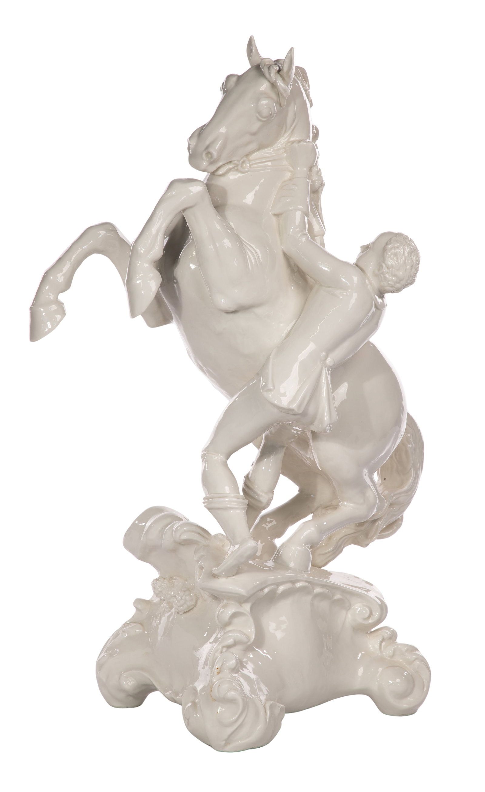 Josef Wackerle (German, 1880-1959) for Nymphenburg Porcelain Rearing Horse and Groom: Josef Wackerle (German, 1880-1959) for Nymphenburg Porcelain Rearing Horse and Groom Glazed white porcelain having stamped sepia crowned armorial shield over 'Nymphenburg' mark, impressed '2' and unde