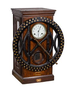 Dey Time Register Clock: Dey Time Register Clock Time clock #25217 having large cast iron time marker, swiveling brass marking arm, brass circular time in / time out wheel, circular engraved logo glass, clock, original wood c