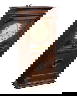 Cincinnati Time Recorder Clock: Cincinnati Time Recorder Clock Style No. 4, automatic time recorder with clock over top, cast iron time recorder below, in oak and glass case, parts made by Seth Thomas Property from: an Estate, Niles