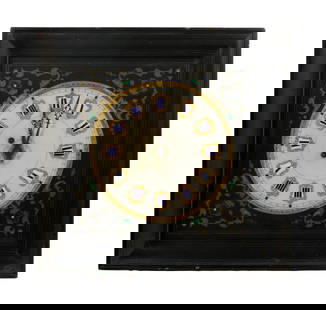 French Boulle Style Wall Clock: French Boulle Style Wall Clock 19th century, having an alabaster face, porcelain numerals, enamel accents, ebonized frame and brass inlay, key Property from: an Estate, Niles, Illinois Height: 21 1/2