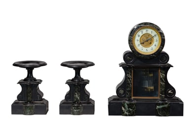 French Bronze and Marble Clock and Garniture Set