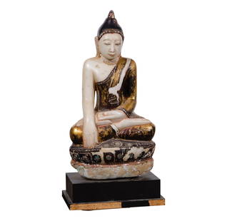 Burmese Carved Alabaster Buddha: Burmese Carved Alabaster Buddha Having gilt over black lacquer decoration, nacre and turquoise colored stone inlays to drapery and base, sitting in the 'calling the Earth to witness' mudra, on black l