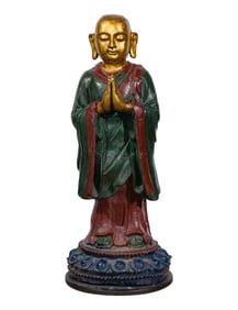 Chinese Painted Cast Iron Monk Statue