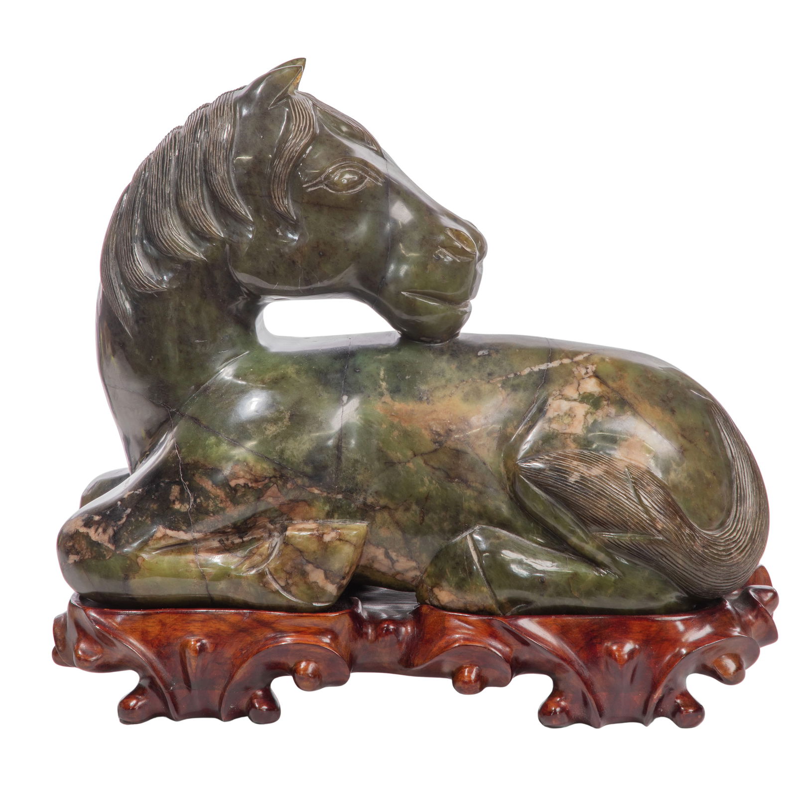 Asian Carved Jadeite Jade Horse: Asian Carved Jadeite Jade Horse A hand carved reclining horse in green jadeite jade on a carved wood plinth Property from: an Estate, St. Charles, Illinois Height: 12 inches, Width: 14 inches, Depth: