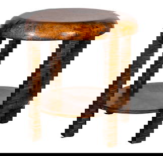 Theodore Alexander Side Table: Theodore Alexander Side Table Two-tier side table having different wood veneers including burled and tiger Property from: an Estate, St. Charles, Illinois Height: 26 inches, Diameter: 24 inches Condit