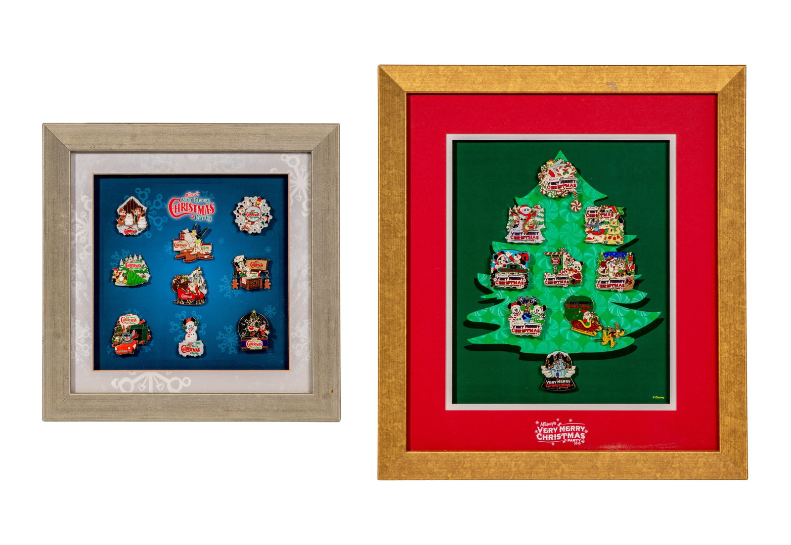 Disney 'Mickey's Very Merry Christmas' Pin Sets: Disney 'Mickey's Very Merry Christmas' Pin Sets (2) items including 2010 and 2011 sets, each from editions of 200, pins mounted to printed backing sheets, matted behind acrylic in metallic-tone wood f