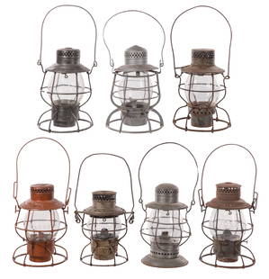 Railroad Lantern Assortment: Railroad Lantern Assortment (7) items of various shapes and sizes from makers including ADLAKE, Deitz and Hanelan, all having clear globes, most having pressed railroad initials including ICRR, CNW an