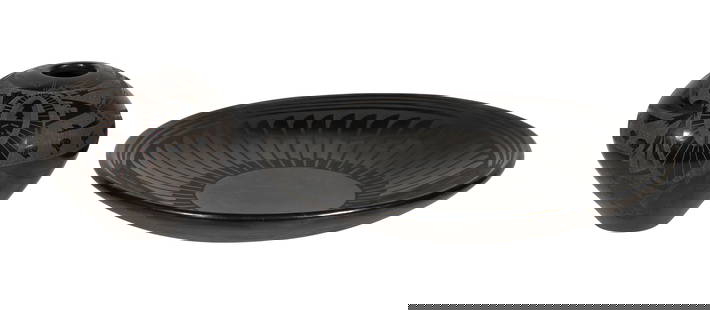 Maria Martinez and Popovi Da San Ildefonso Pueblo Black Pottery: Maria Martinez and Popovi Da San Ildefonso Pueblo Black Pottery (2) total items including a matte-on-polished black having a repeating feather design, signed on underside by Maria Martinez (American I