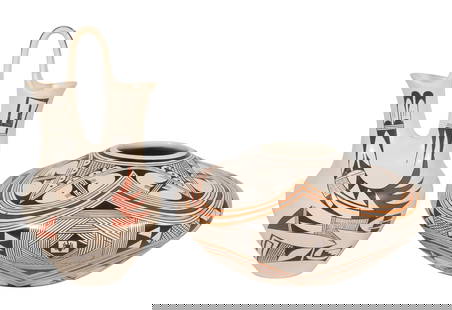 Native American Hopi-Tewa Pottery: Native American Hopi-Tewa Pottery (2) items including a jar having cream slip and intricate tri-color design signed using artist trademark feather cypher Helen Naha (1922-1993) and a Hopi wedding vase