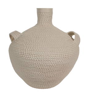 Stella Shutiva (Native American, 1935-1997) Art Pottery Vase: Stella Shutiva (Native American, 1935-1997) Art Pottery Vase Acoma Pueblo, a whiteware, hand coiled, corrugated art pottery vase having a bulbous baluster form, opposing handles and narrow neck, marke
