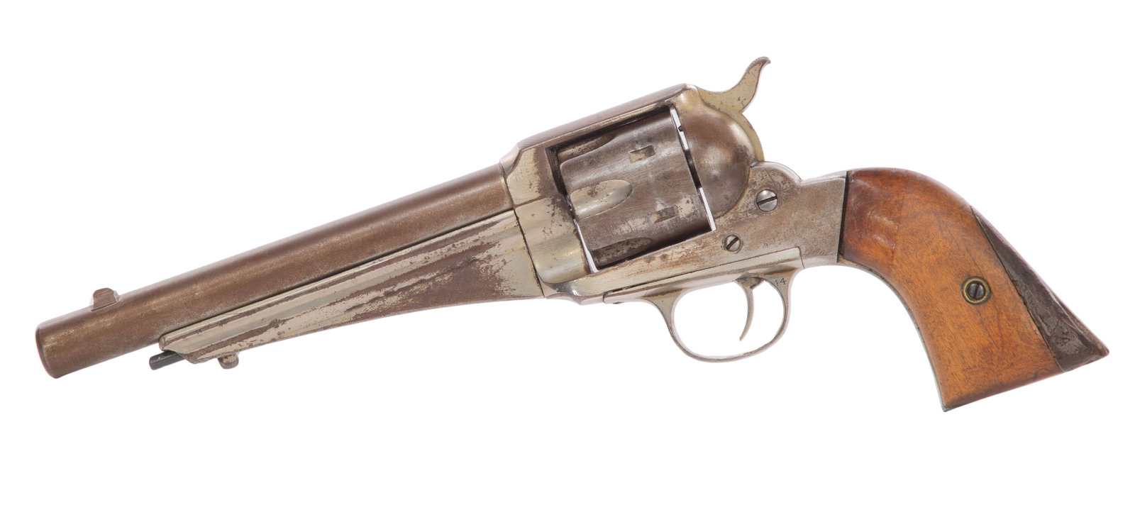 Attributed to Remington 1875 Black Powder Revolver: Attributed to Remington 1875 Black Powder Revolver 44 caliber having a 6.5-inch barrel, marked 44 on trigger guard and serial #940 under wood grip Property from: TBD Length: 13 inches Size: nozzle to 