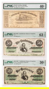 Confederate Currency Assortment: Confederate Currency Assortment (3) banknotes including an 1863 $50, an 1861 $50 contemporary counterfeit and an 1865 $10, all in PMG holders Property from: an Estate, Wheaton, Illinois Category: Conf