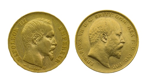 1857 French Gold 20 Franc and 1905 English Gold Sovereign