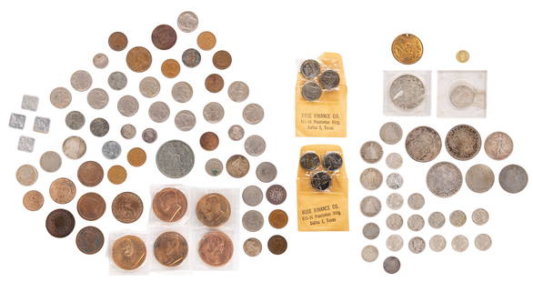 US Silver, Coin and World Coin Assortment: US Silver, Coin and World Coin Assortment $8.40 face value US 90% silver including (2) Morgan $1, (2) Peace $1, (2) Seated 50c, a Walking Liberty 50c, (2) Seated 25c, (2) Standing 25c, a Seated 20c, (