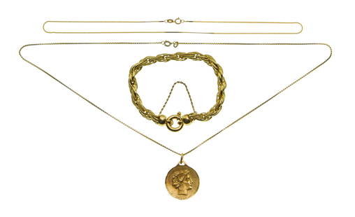 18k Yellow Gold Jewelry Assortment: 18k Yellow Gold Jewelry Assortment (3) items including a chain style bracelet, a necklace having attached pendant and a chain necklace (all marked '18k' / '750') Property from: an Estate, St. Louis, M