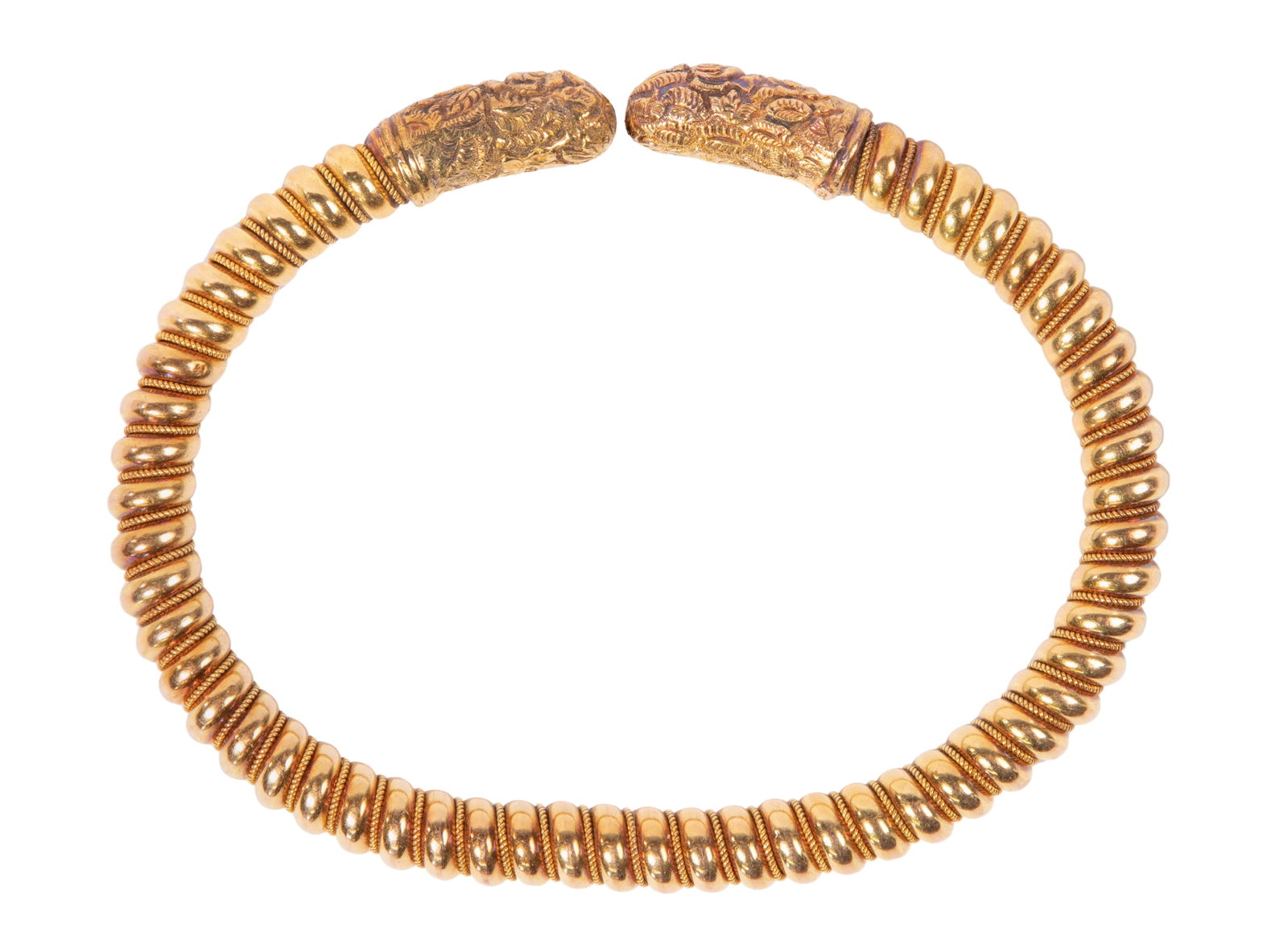 18k Yellow Gold Flexible Crossover Cuff Bracelet: 18k Yellow Gold Flexible Crossover Cuff Bracelet Having sculpted floral ends (unmarked 18k) Property from: an Estate, New York, New York Length: 7 inches (inside dimension) Weight: 18k gold: 13.63 dwt