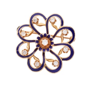 14k Yellow Gold, Enamel and Diamond Brooch