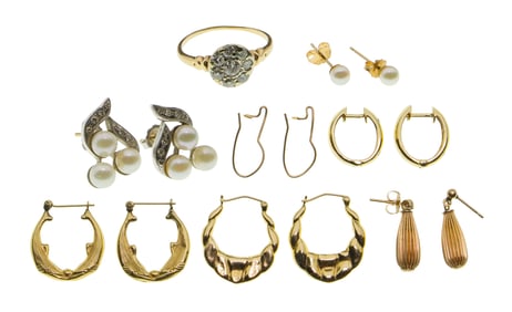 14k Yellow Gold and Diamond Ring and Gold Earring Assortment
