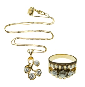 14k Yellow Gold and Diamond Ring and Pendant on Necklace