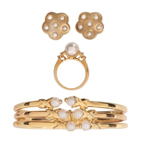 18k Yellow Gold and Pearl Bracelet, Ring and Earrings