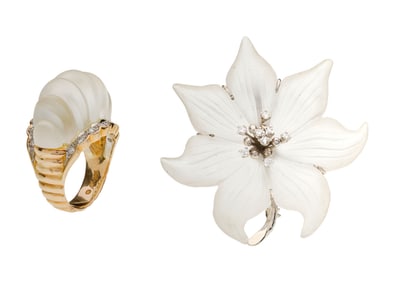 14k Gold, Rock Crystal and Diamond Ring and Brooch
