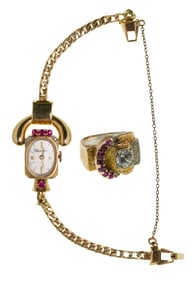 14k Gold Case and Band Wristwatch and Ring