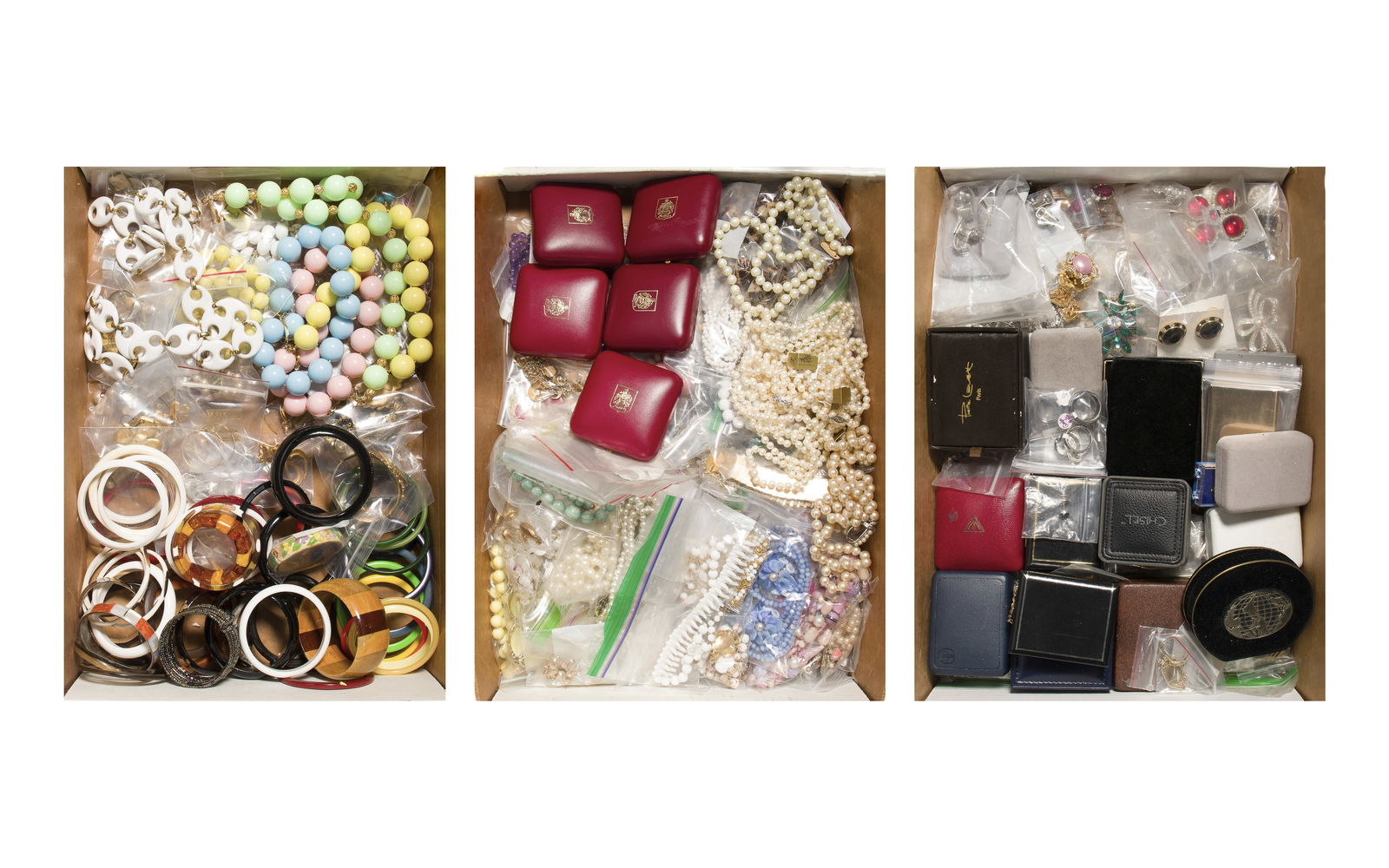 Costume Jewelry Assortment: Costume Jewelry Assortment Approximately (15) pounds of fashion jewelry including bead and chain necklaces, pendants, brooches, pins, bracelets, bangles, earrings, cuff links and button covers from ma