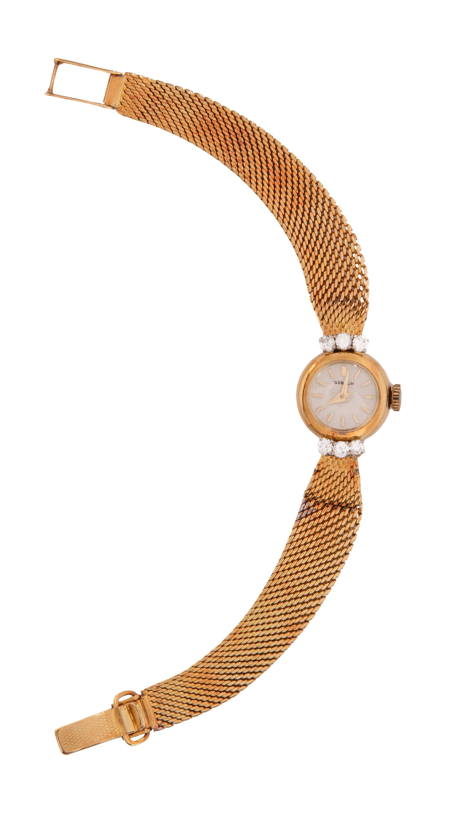 Gubelin 18k Yellow Gold and Diamond Case and Band Wristwatch: Gubelin 18k Yellow Gold and Diamond Case and Band Wristwatch Having a round white dial flanked by three round cut diamonds on each side and an integrated mesh band (marked '750' inside clasp) Property