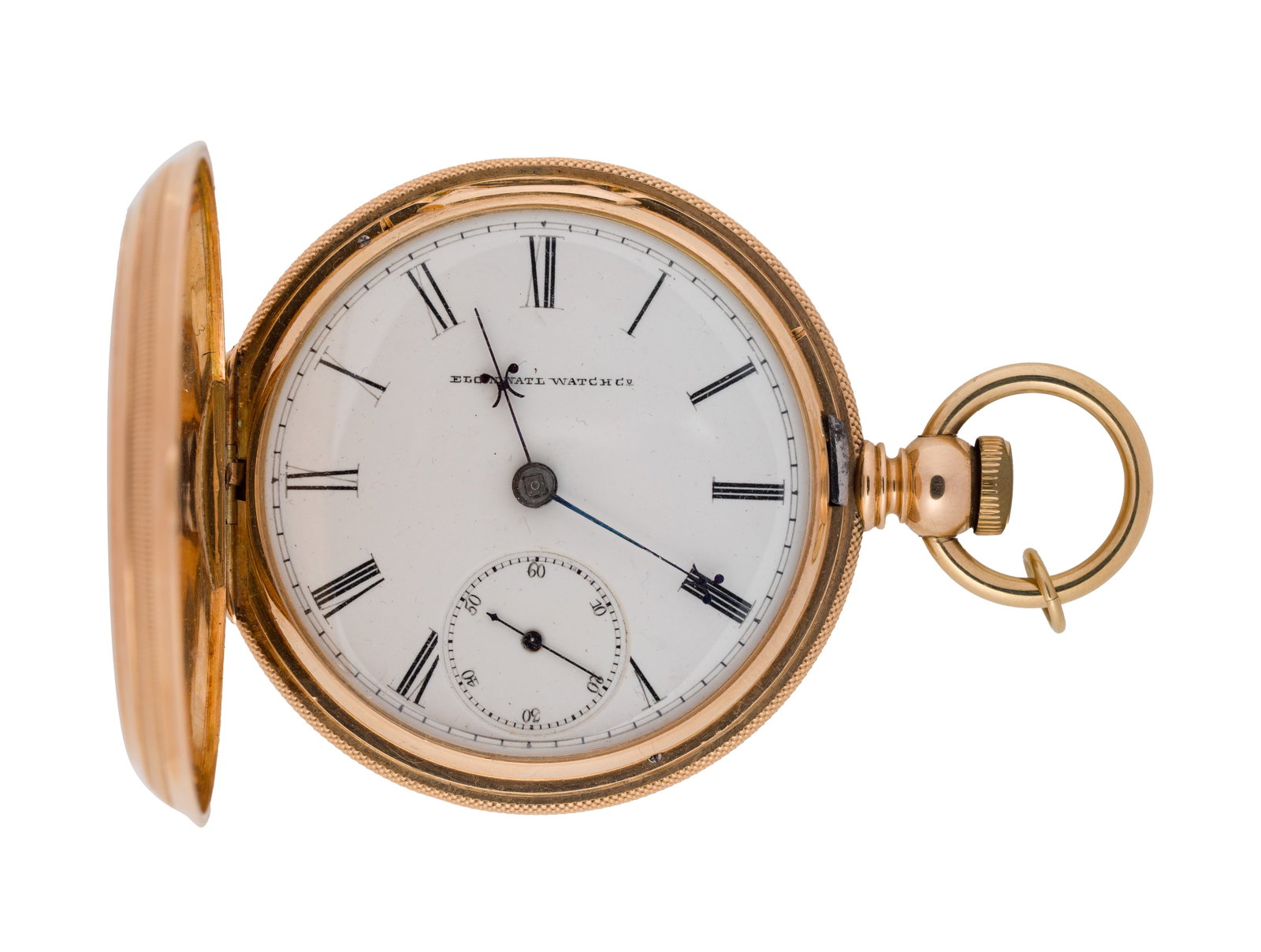 Elgin National Watch Co. 14k Yellow Gold Hunter Case Pocket Watch: Elgin National Watch Co. 14k Yellow Gold Hunter Case Pocket Watch Serial #875749 dating to c.1881, 11-jewel movement, grade 87, white dial having Roman numerals, black hands, subsidiary dial for secon