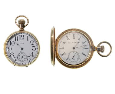 Elgin National Watch Co. 18k Yellow Gold Pocket Watches: Elgin National Watch Co. 18k Yellow Gold Pocket Watches (2) items including a hunter case serial #2141830 dating to c.1877, 15-jewel movement, No.3 grade, white dial having Roman numerals, blue hands,