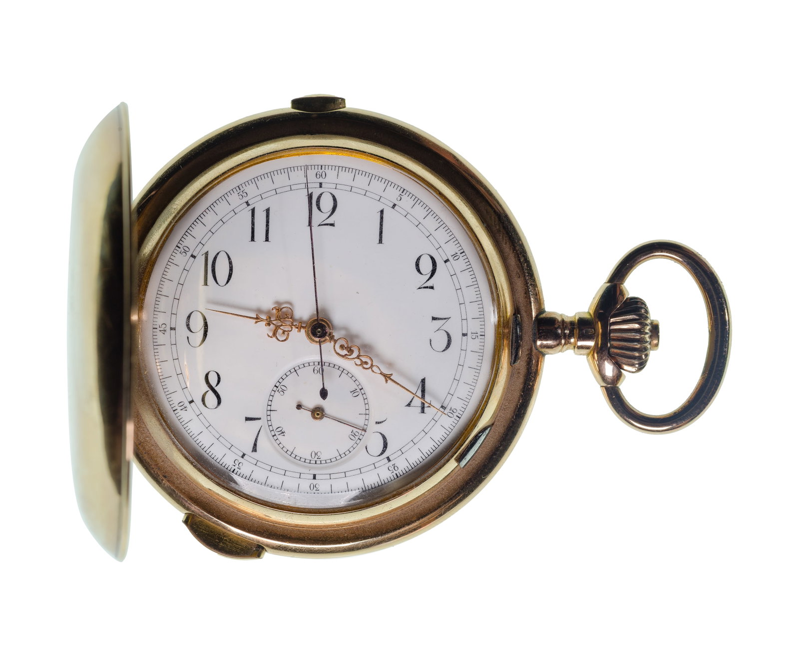 Heures Repetition Quarters Chronograph 14k Yellow Gold Hunter Case Pocket Watch: Heures Repetition Quarters Chronograph 14k Yellow Gold Hunter Case Pocket Watch Serial #43652 inside the case, having Arabic numerals, gold-tone and blue hands, subsidiary dial for seconds, stem wind 