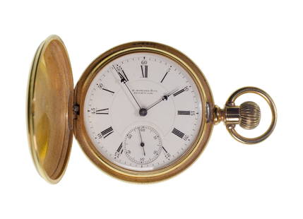 E. Howard & Co. 18k Yellow Gold Hunter Case Pocket Watch: E. Howard & Co. 18k Yellow Gold Hunter Case Pocket Watch Serial #208399 dating to c.1887, 15-jewel movement, No.4 grade, white dial having Roman numerals, blue hands, subsidiary dial for seconds, stem