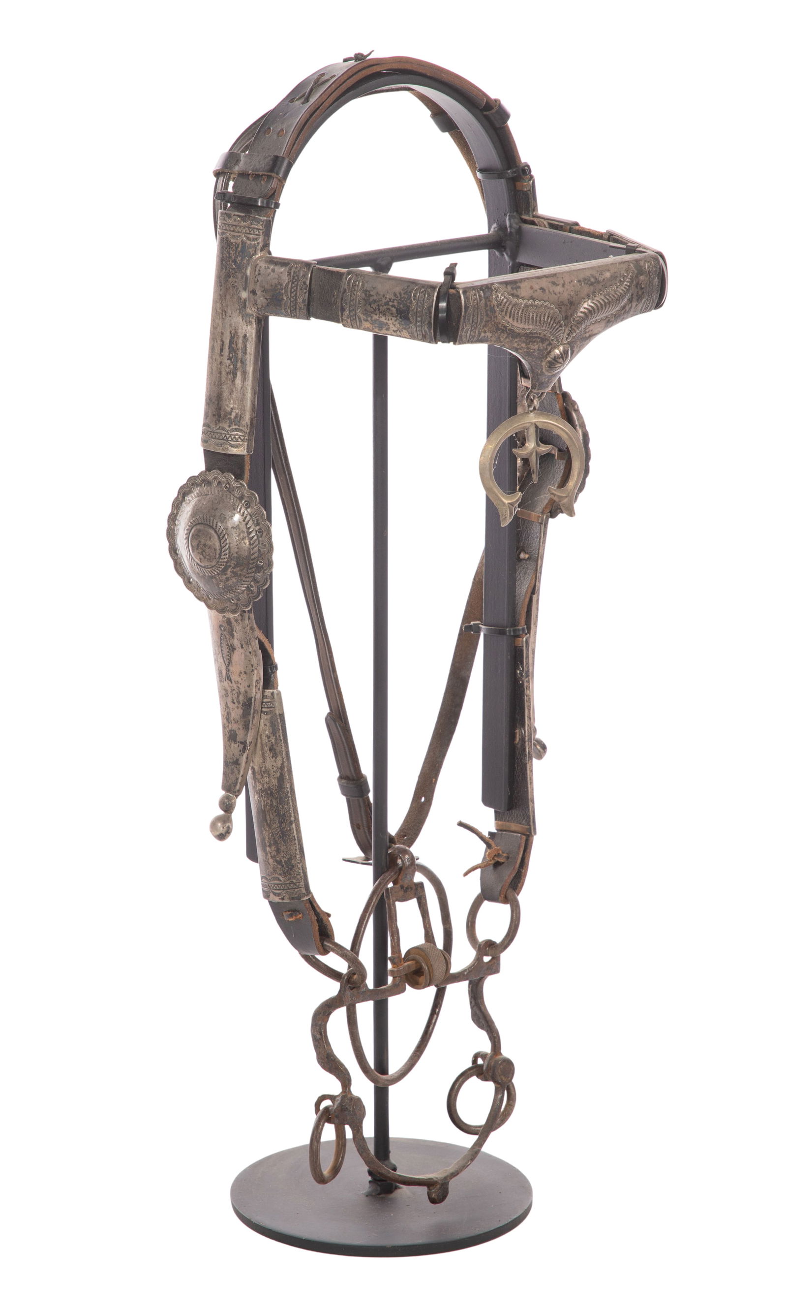 Native American Navajo Silver and Leather Bridle and Bit (1 of 2)