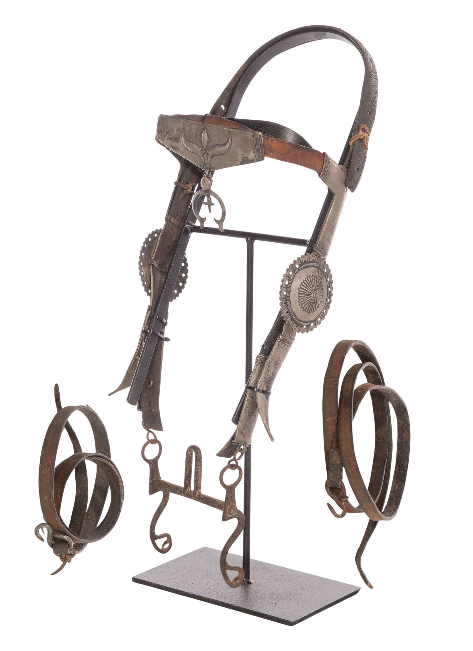 Native American Navajo Silver and Leather Bridle and Bit (1 of 2)