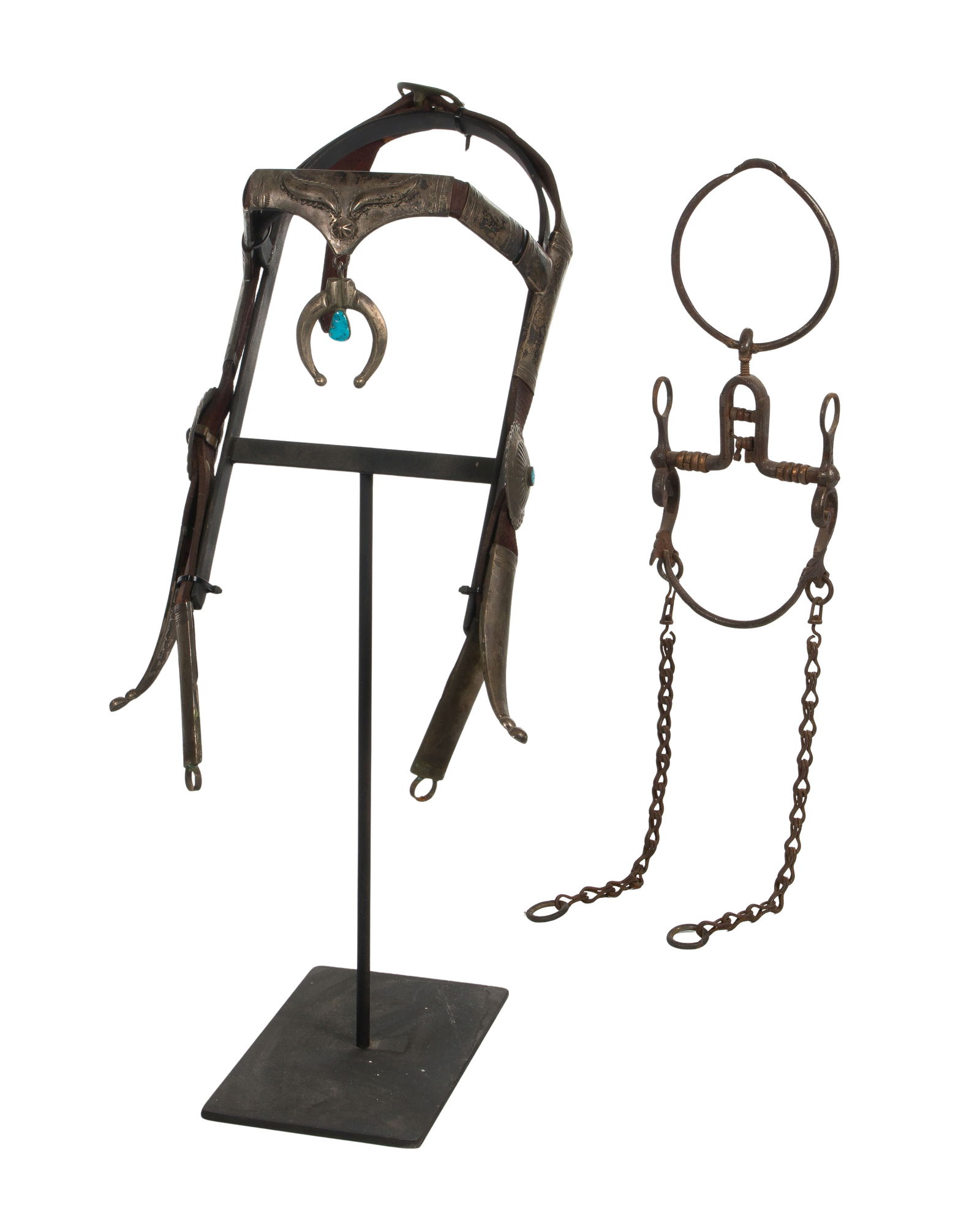 Native American Navajo Silver and Turquoise Mounted Headstall and Ring Bit (1 of 2)