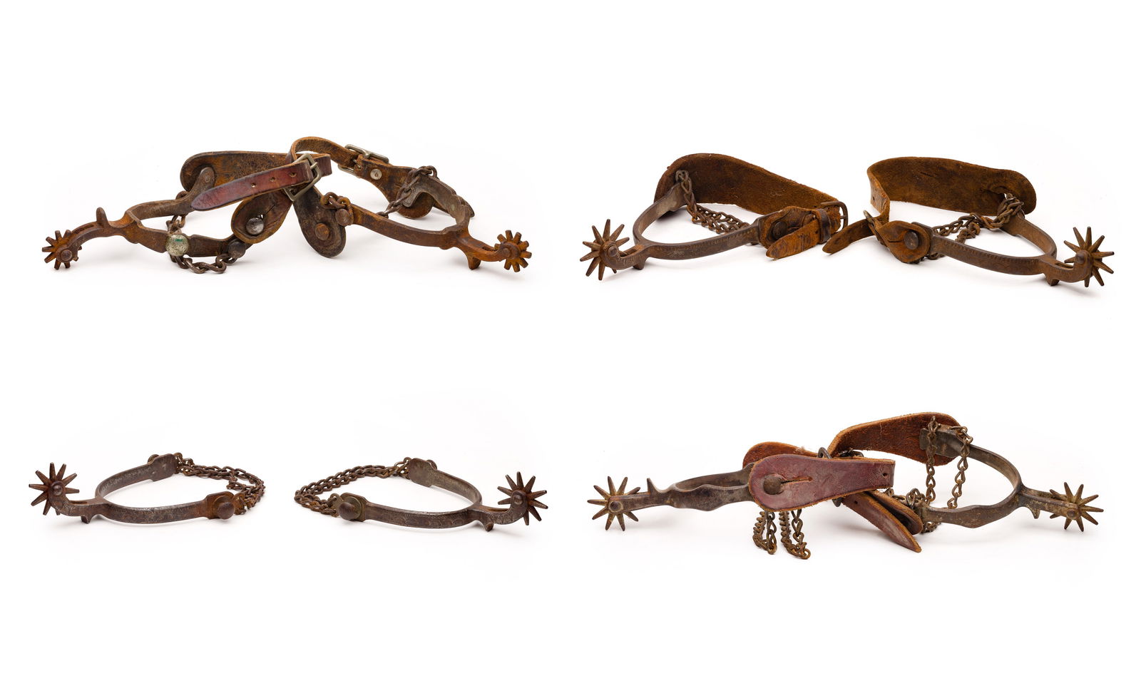 Buermann Style Spur Assortment: Buermann Style Spur Assortment (4) pairs, all iron having heel chains, some having simple engraving, one having a straight shank, (3) having leather straps Property from: The Collection of James and J