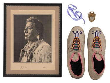 Two Guns White Calf (Blackfeet, 1872-1934) Beaded Moccasins and Image