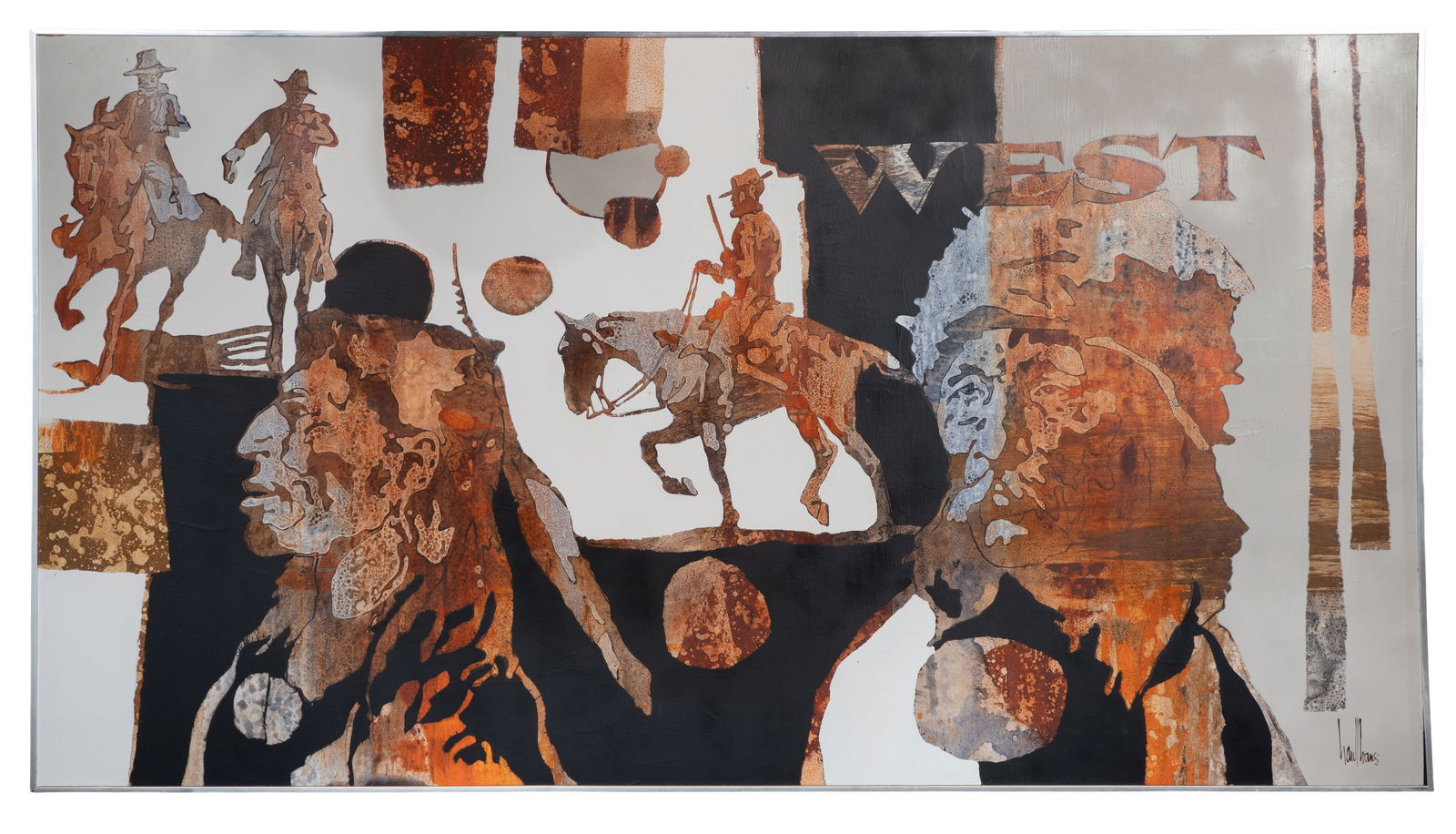 Gregory Hawthorne (American, 20th Century) 'West' Oil on Board: Gregory Hawthorne (American, 20th Century) 'West' Oil on Board Undated, signed, depicting iconic old western figures, in a metal frame Property from: The Collection of James and Joyce Huber, Hartland,