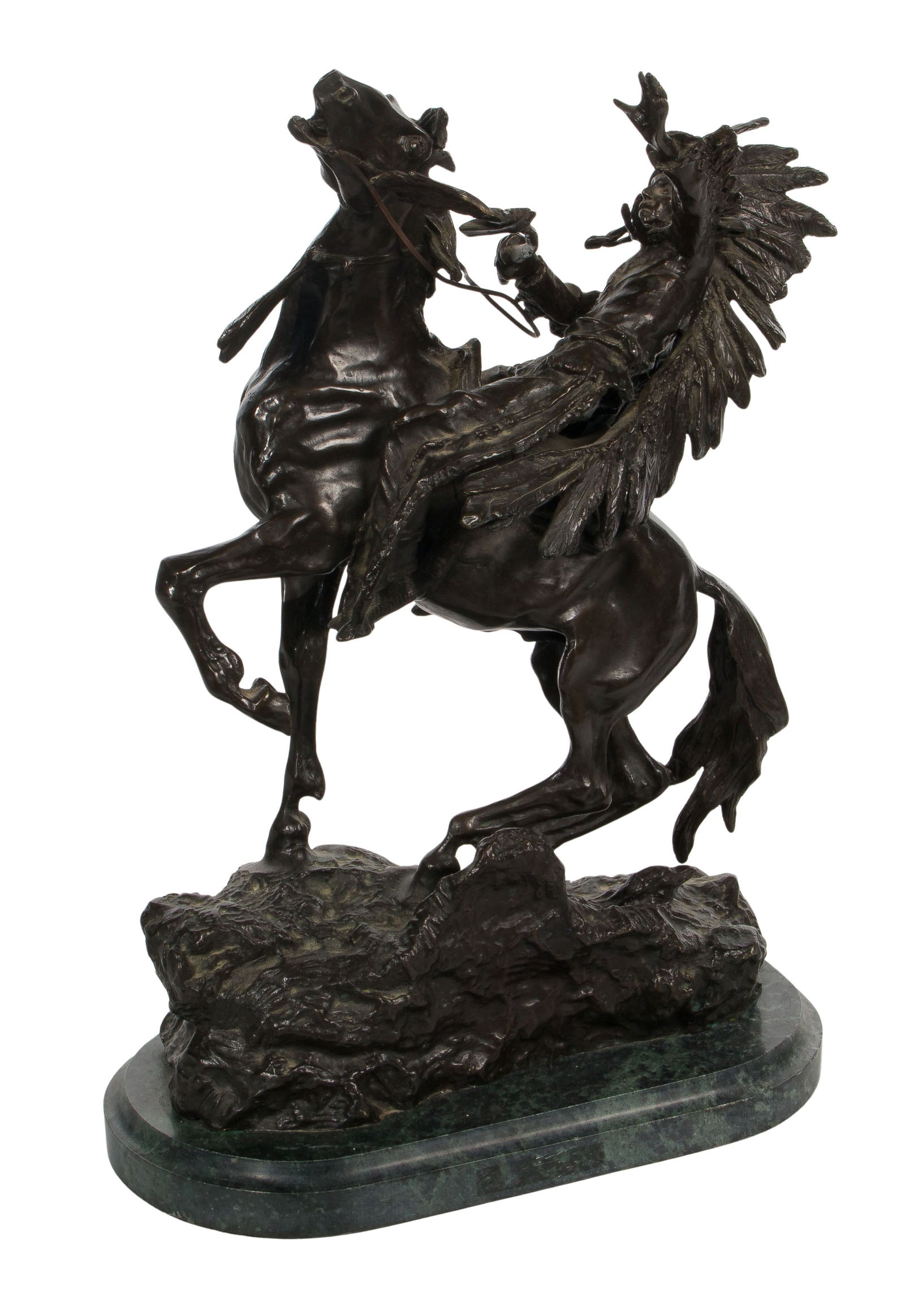 After Carl Kauba (Austrian, 1865-1922) 'How: Kola! Friend, Don't Shoot' Bronze Sculpture: After Carl Kauba (Austrian, 1865-1922) 'How: Kola! Friend, Don't Shoot' Bronze Sculpture Undated and unsigned bronze depicting a horse mounted Native American, on a marble base Property from: The Coll