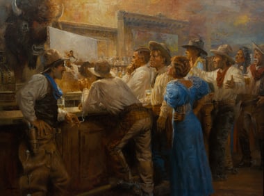 Andy Thomas (American, b.1957) 'Charlie Russell and His Characters' Giclee on Canvas