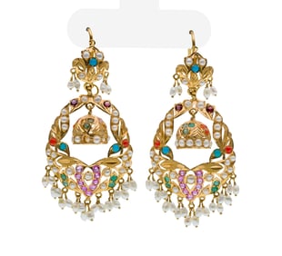 22k Yellow Gold, Seed Pearl and Gemstone Earrings