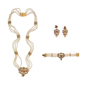 14k Yellow Gold, Seed Pearl and Gemstone Jewelry Suite