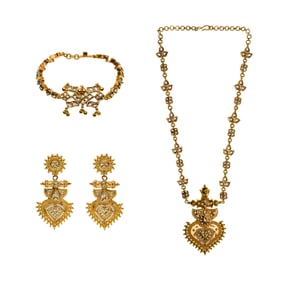 22k Yellow Gold, Seed Pearl and White Topaz Jewelry Suite