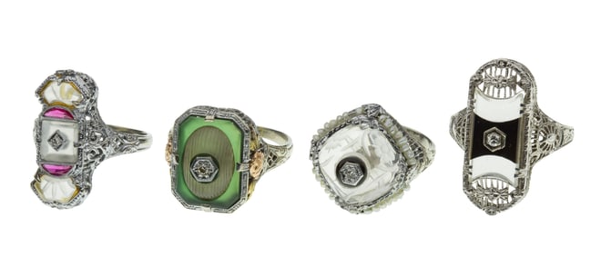 Art Deco 14k White Gold, Rock Crystal, Gemstone and Diamond Rings