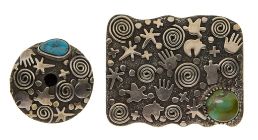 Native American Alex Sanchez Sterling Silver and Turquoise Belt Buckle and Seed Pot