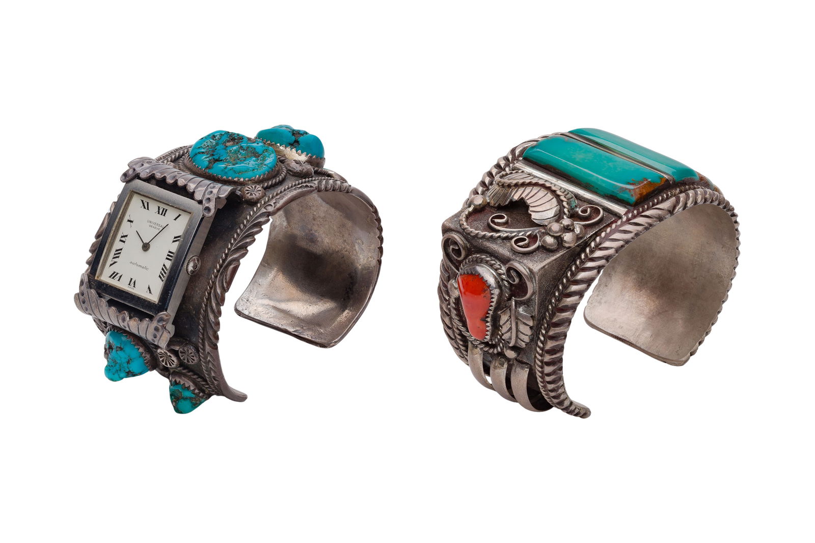 Native American Sterling Silver and Turquoise Cuff Bracelets: Native American Sterling Silver and Turquoise Cuff Bracelets (2) items including a cuff bracelet having green turquoise and coral by Delores Paul (signed on interior) and a Universal Automatic wristwa