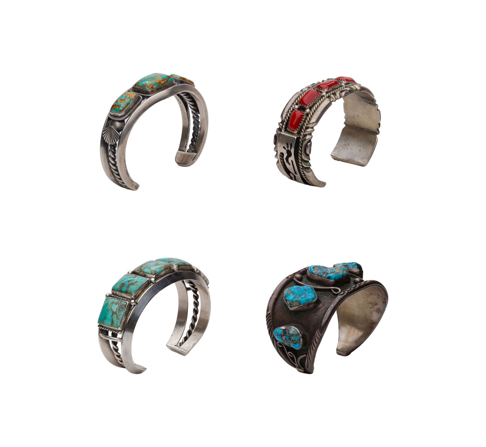 Native American Sterling Silver Turquoise and Coral Cuff Bracelets: Native American Sterling Silver Turquoise and Coral Cuff Bracelets (4) items including a green turquoise by H. Morgan (marked 'sterling' and 'H. Morgan'), a green turquoise (illegible etch signed), a