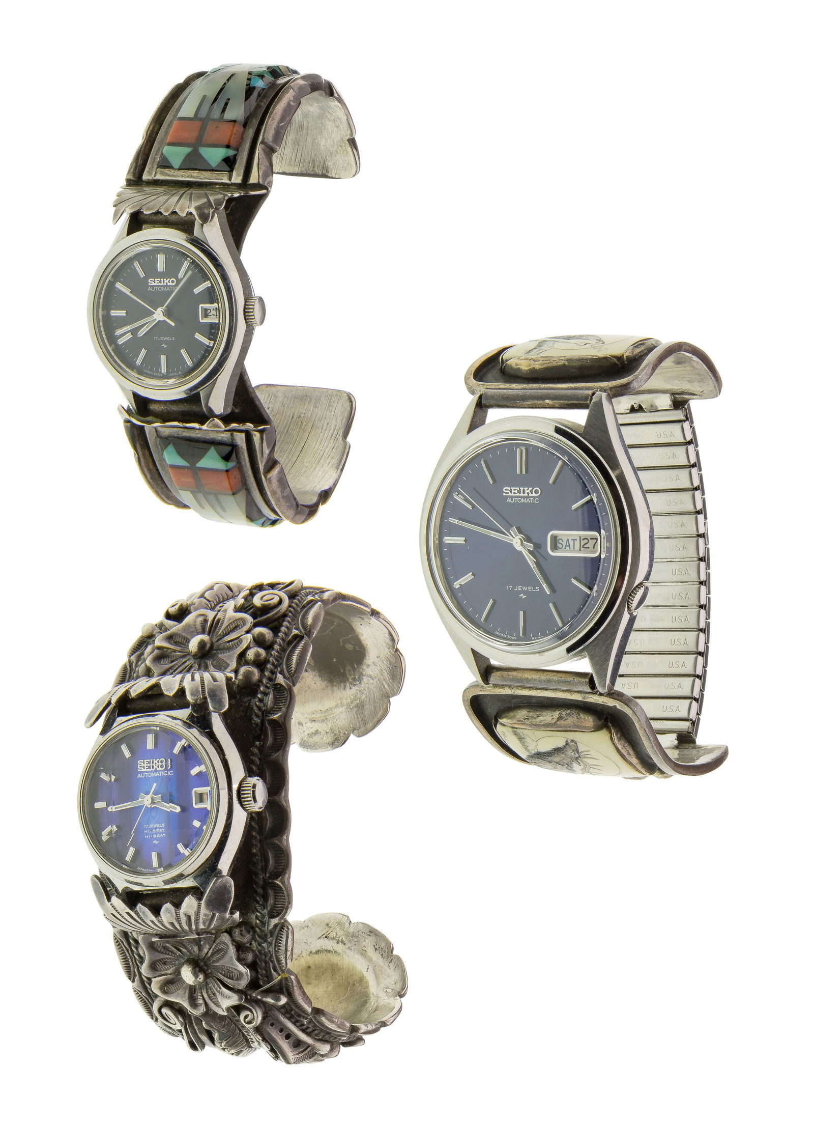 Native American Sterling Silver Watch Assortment: Native American Sterling Silver Watch Assortment (3) Seiko Automatic wristwatches, including (2) on cuff bracelets, one signed 'RJ' (possibly Robert Johnson) and one signed 'Calvin Crank Navajo '79',